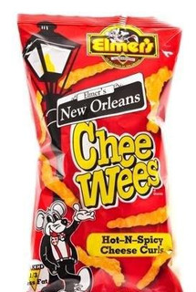 Chee Wees Hot and Spicy, 0.875 oz snack bag with spicy cheese curls and colorful packaging.