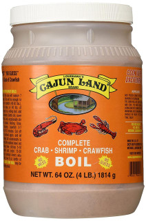 Cajun Land Seafood Boil 4lb, seafood boil seasoning product with crab, shrimp, and crawfish images on an orange background.