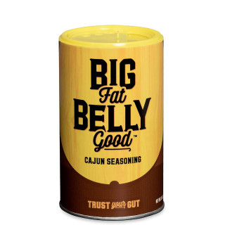 Big Fat Belly Good Original Cajun Seasoning 8oz, cylindrical container with a yellow and brown label featuring bold black text.