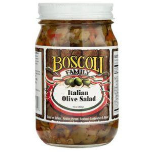 Boscoli Italian Olive Salad 15.5oz 6 Pack, jar of mixed olives and vegetables with label showing product name and description.