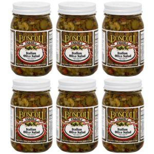 Boscoli Italian Olive Salad 15.5oz 6 Pack, glass jars filled with seasoned olive mixture for salads and antipasto.