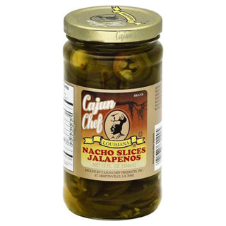 Cajun Chef Nacho Sliced Jalapeno Peppers 12oz, jar of sliced jalapenos in brine with a gold lid and label showing brand and product details.