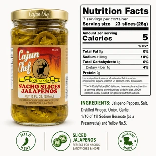 Cajun Chef Nacho Sliced Jalapeno Peppers 12oz, jar of sliced jalapenos with nutritional facts and ingredients list