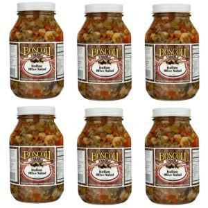 Boscoli Italian Olive Salad 32oz 6 Pack, six jars of mixed green and black olives with vegetables and herbs in glass jars.