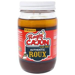 Ragin Cajun Roux 16oz, jar of spicy Louisiana-style roux with red label and white twist lid.