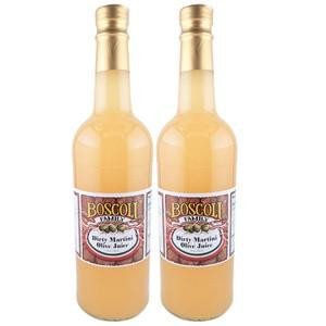 Boscoli Dirty Martini Olive Juice 25oz 2 Pack, two glass bottles of olive juice with gold caps and colorful labels displaying the product name.