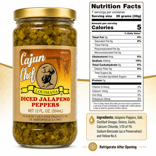 Cajun Chef Diced Jalapeno Peppers 12oz, jar of diced jalapenos in a glass jar with a gold lid and nutritional information label.