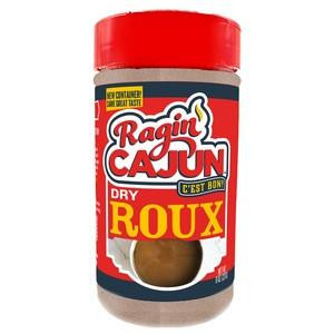 Ragin Cajun Dry Roux 8oz, jar of Cajun-style dry roux seasoning for Creole and Cajun dishes with red lid and label
