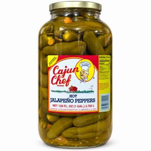 Cajun Chef Whole Hot Jalapeno Peppers 128oz jar, glass jar filled with whole green hot jalapeno peppers in brine with a yellow and red label.