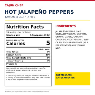 Cajun Chef Whole Hot Jalapeno Peppers 128oz, product label showing nutrition facts and ingredients.