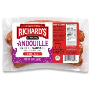 Richard's Andouille 1lb, packaged smoked sausage with labeling visible on the plastic wrap.
