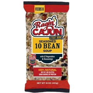 Ragin Cajun Ten Bean Soup, 16oz packaged dried bean soup with a colorful label featuring beans and vegetables.