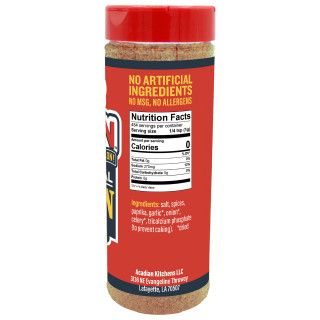 Ragin Cajun Cajun Seasoning 16oz, spice jar with a red lid, displaying ingredients like salt, spices, paprika, garlic, onion, celery, and tricalcium phosphate to prevent caking, on a white background.