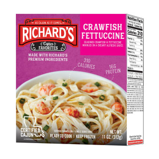 Richard's Richards Crawfish Fettuccine 11oz, packaged Cajun seafood pasta with crawfish and fettuccine in a creamy Alfredo sauce, shown in a colorful box with nutritional info.