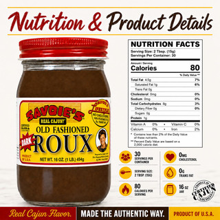 Savoies Dark Roux 16oz 2 Pack, jar of dark roux with a red lid and label showing nutrition facts and Cajun seasoning branding.