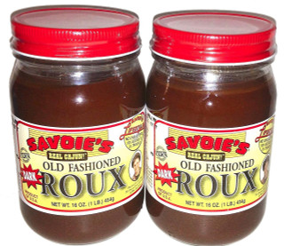 Savoie's Savoies Dark Roux 16oz 2 Pack, two jars of dark roux with red lids and label featuring yellow, red, and black colors.