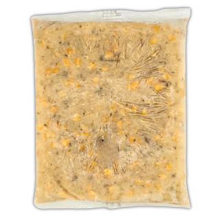 King Creole Corn & Crab Bisque 4lb, frozen seafood bisque in clear plastic packaging showing corn and crab ingredients.