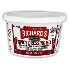 Richards Dressing Mix Hot 1lb, plastic container of spicy dressing mix with red and white label.