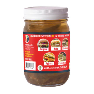 Ragin Cajun Spicy Sweet Pickle Slices 12oz, jar of spicy sweet pickle slices with a red label showing food images like burgers, subs, sandwiches, poboys, and charcuterie