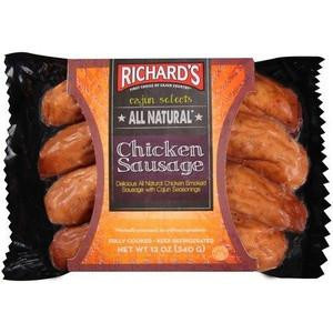 Richard's All Natural Chicken Sausage 12oz, packaged raw chicken sausage links in black plastic packaging with orange, purple, and red label design.