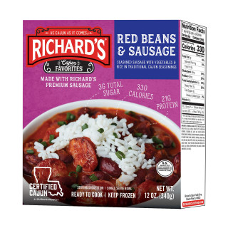 Richard's Richards Red Beans & Sausage 12oz, packaged food box featuring seasoned sausage with vegetables and rice in Cajun style.
