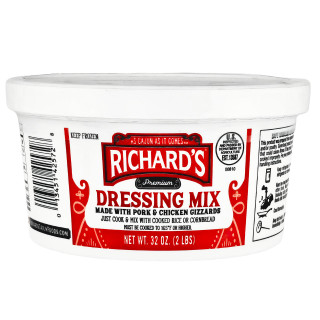 Richard's Richards Dressing Mix 2lb, a white container of seasoning mix with red and black labeling for pork and chicken gizzards.