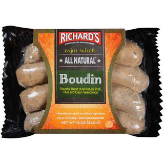 Richard's All Natural Boudin 12oz, packaged sausage with visible boudin in clear plastic packaging featuring a green and black label.
