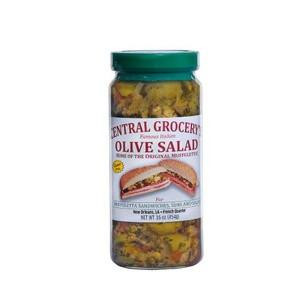 Central Grocery's Olive Salad 16oz, jar of seasoned olive salad with mixed vegetables including peppers and olives.