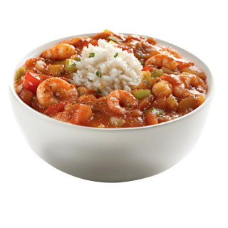 Dr Gumbo Shrimp Creole 2.5lb, delicious shrimp creole dish garnished with rice in a white bowl