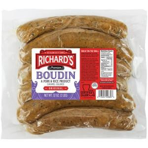 Richards Original Boudin, packaged 2lb sausage links in clear plastic packaging with red and purple label.