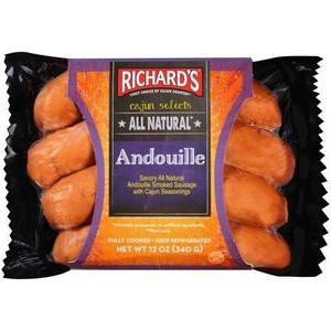 Richard's All Natural Andouille 12oz, package of authentic Cajun-style smoked sausage with a purple label and black packaging.