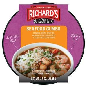 Richards Seafood Gumbo 32oz, colorful product packaging with an image of a bowl of seafood gumbo with shrimp and rice.