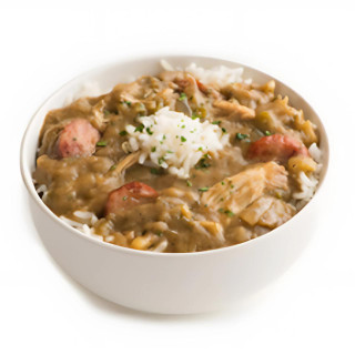 Dr Gumbo Gumbo Base 2.5lb, a bowl of rich, hearty gumbo with rice, sausage, chicken, and a flavorful gravy garnished with parsley.
