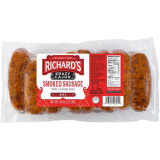 Richard's Richards Krazy Cajun Link Hot Smoked Sausage 2lb, packaged smoked sausage in clear plastic with red and white label.