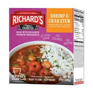 Richards Shrimp & Crab Stew 12oz, image of a can of seafood stew with shrimp, crab, and rice in a bowl on the packaging.