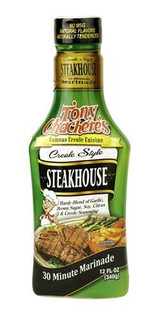 Tony Chachere's Steakhouse Marinade 12oz, a green bottle with a black cap and label featuring a cook illustration and images of grilled steaks.