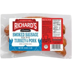 Richards Smoked Turkey & Pork Sausage 1lb, packaged smoked sausage with red, white, and blue label featuring product details.