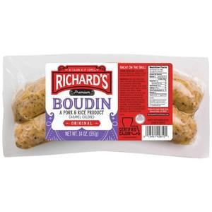 Richard's Original Boudin 14oz, packaged with multiple boudin sausages in a clear plastic wrapper showing the label with product details.