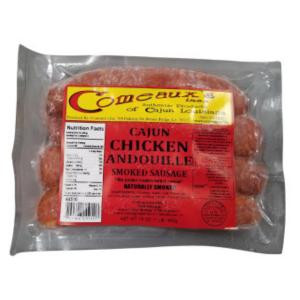 Comeaux's Chicken Andouille, 1lb package of smoked chicken sausage in clear plastic packaging with red and yellow label.