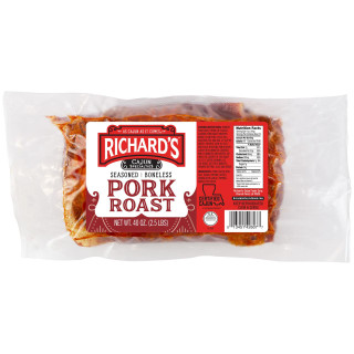 Richard's Seasoned Pork Roast, packaged 2.5lb boneless seasoned pork roast in clear plastic wrapping.
