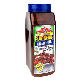 Tony Chachere's Supreme Crab Boil 32oz, a brown plastic bottle with a blue cap, labeled with colorful graphics and text highlighting its purpose for seafood like crawfish, shrimp, and crab.