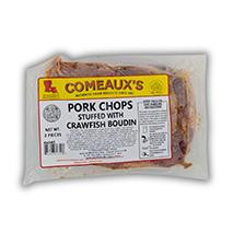Comeaux's Stuffed Pork Chops with Crawfish Boudin, packaged raw meat product for cooking.