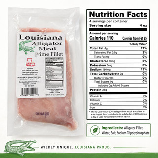 Alligator Filets 1lb., packaged raw alligator meat in a vacuum-sealed bag with nutrition facts label.