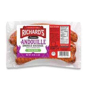 Richards Andouille w/ Green Onion 1lb, packaged smoked sausage with green onion flavor in clear plastic wrapping