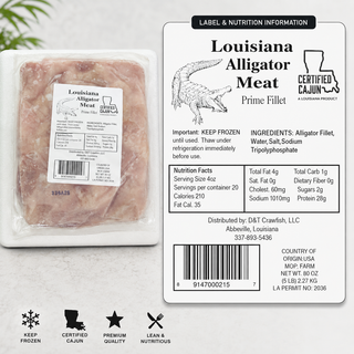 Gator World Alligator Filets 5lb, vacuum-sealed package of frozen alligator meat with label showing product details and ingredients.