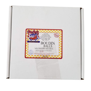Poche's Pepper Jack Boudin Balls 12 Ct, white box with a label showing product details including the brand logo, description, and net weight.