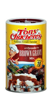 Tony Chachere's Instant Brown Gravy Mix 5oz, cylindrical container with yellow and red label, featuring a chef cartoon, and an image of gravy served with meat and vegetables.