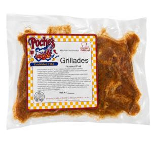 Poche's Pork Grillades 2lb, packaged seasoned pork grillades in a clear plastic bag with a label.