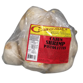 Comeaux's Shrimp Pistolettes 12 Pack, packaged frozen shrimp pistolettes in a clear plastic bag with a red and yellow label containing product information.