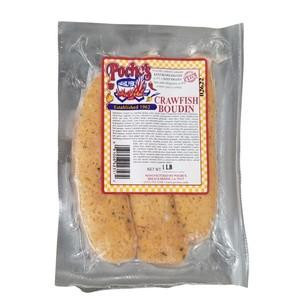 Poche's Poches Crawfish Boudin 1lb, packaged crawfish and rice boudin sausage in clear vacuum-sealed plastic